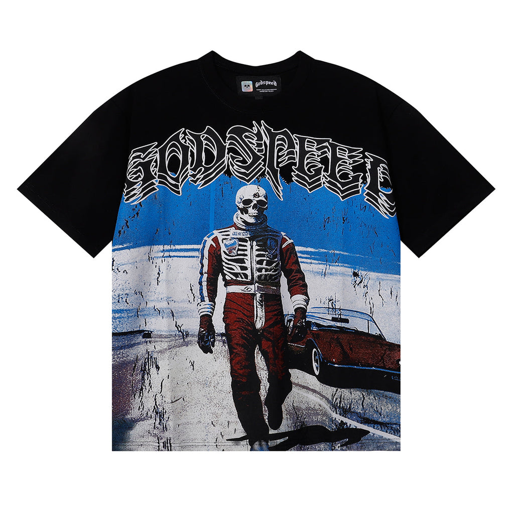 Godspeed T-shirts Sports Car Skull Racer Printed Cotton Casual Short Sleeve Men and Women