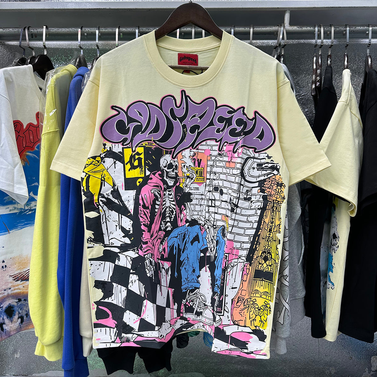 Godspeed T-shirts Graffiti Wall Skull Artist Printing Cotton Casual Short Sleeves Men and Women