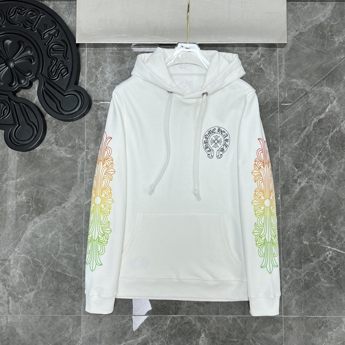 Chrome Heart Hoodie Yellow green gradual change letter horseshoe flower arm cross hooded sweater