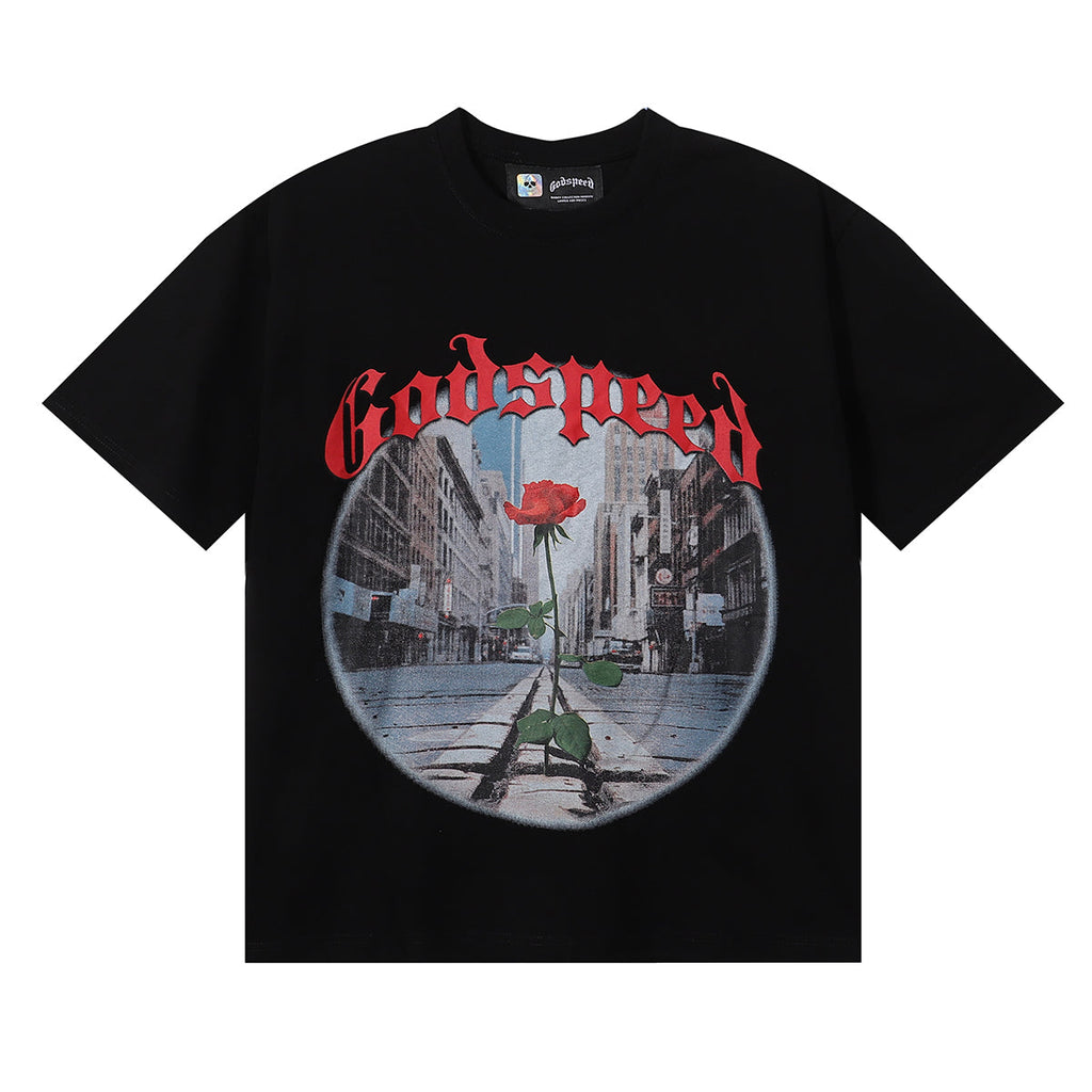 Godspeed T-shirts Street View Rose Print Cotton Casual Short Sleeve Men and Women