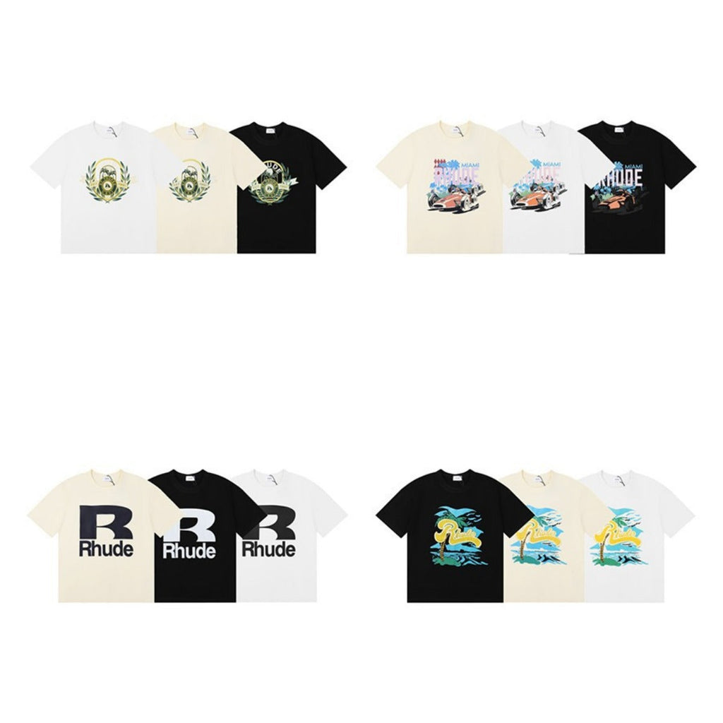 Rhude T-shirt Alphabet Coconut Racing Pattern Short Sleeve T-shirt