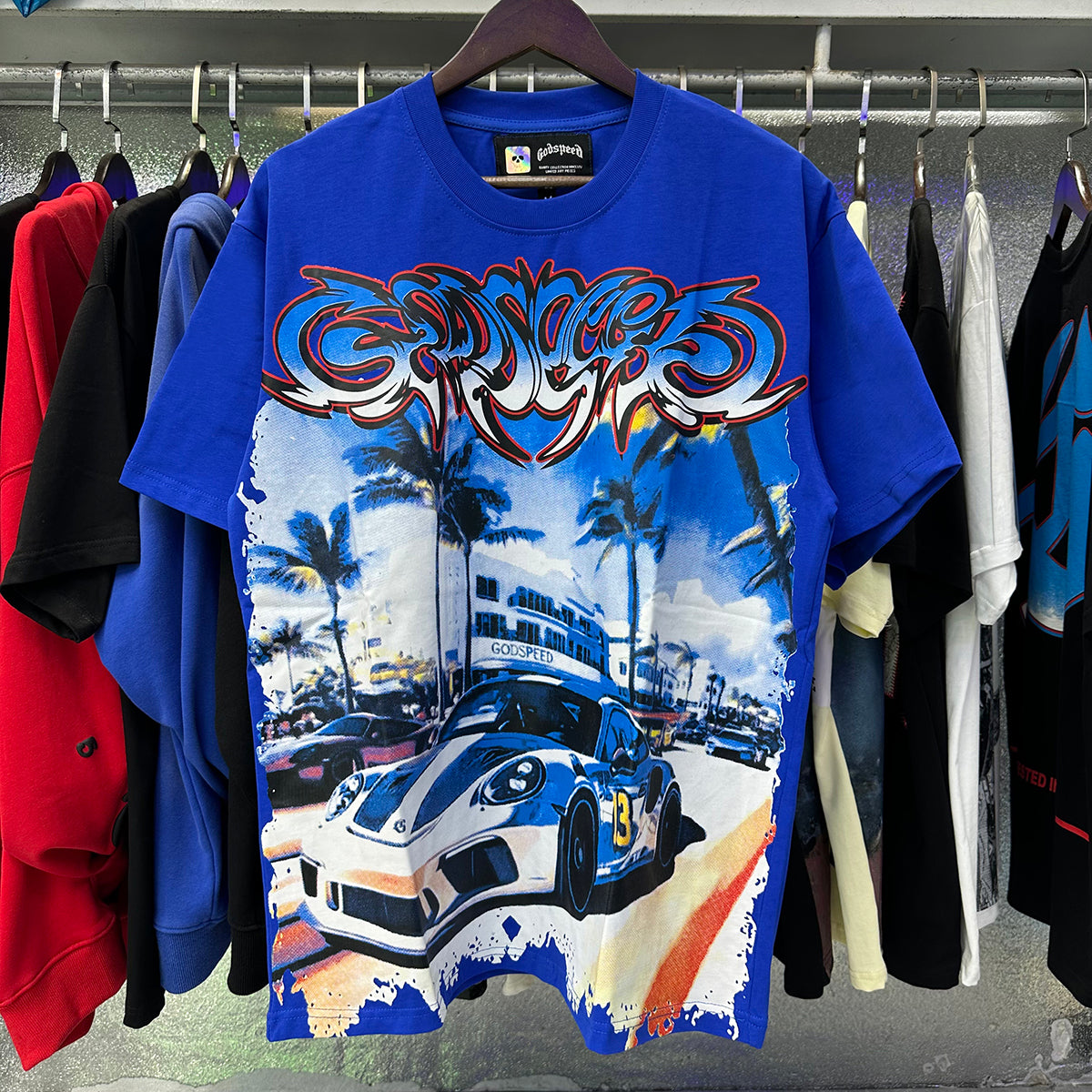 Godspeed T-shirts Supercar Beach Road Print Cotton Casual Short Sleeves Men and Women