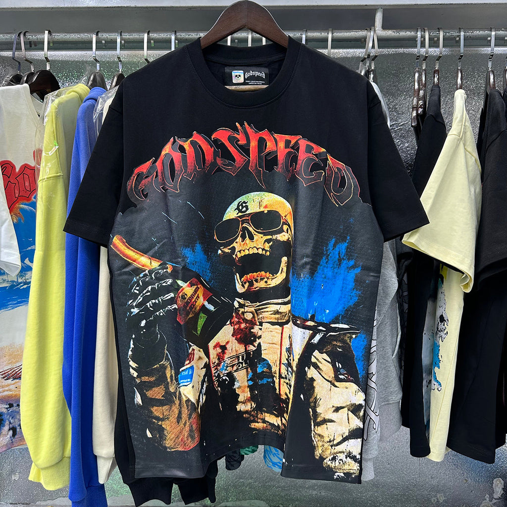 Godspeed T-shirts Racer F1 Champagne Printed Cotton Casual Short Sleeve T-shirts Men and Women